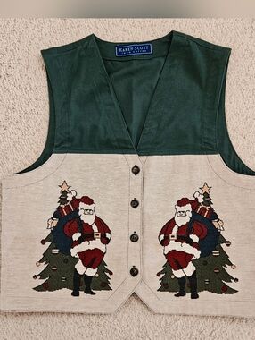 Karen Scott Christmas Vest Tapestry Santa Button Up Cotton Womens Medium Flaw